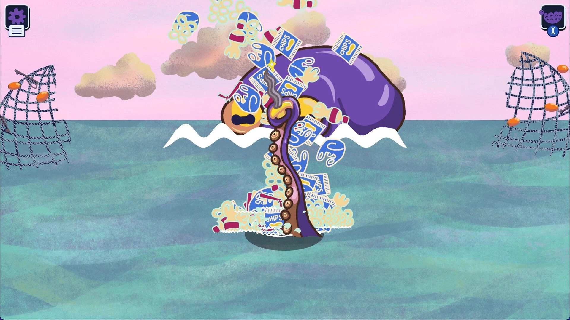 Kraken Cleaning: Tentacle lifts trash and chip bags from waves in pastel sea with menu icons.