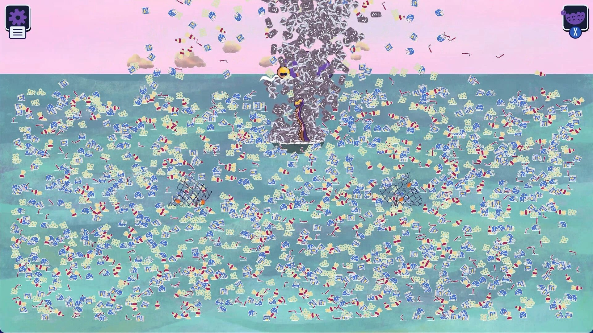 Kraken Cleaning: Tentacle summons a swirling black vortex amid floating trash in a pastel ocean scene.