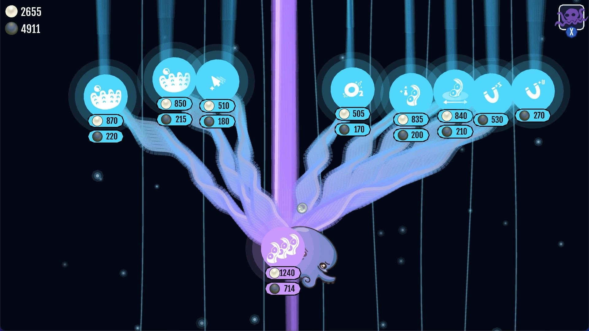 Kraken Cleaning: Upgrade tree with bubble icons and costs branching from kraken in dark ocean UI.
