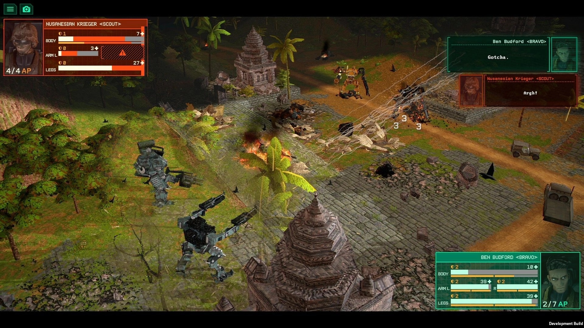 Kriegsfront Tactics: Mecha combat near ancient ruins with status panels and character dialogue visible