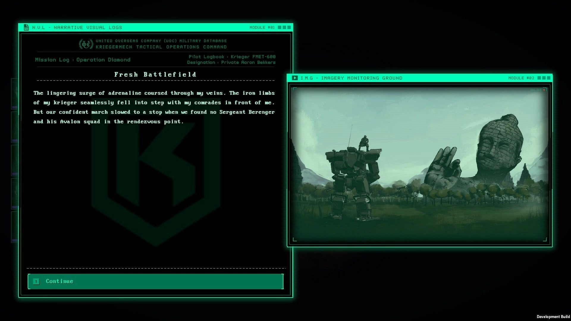 Kriegsfront Tactics: Narrative log with mission text and mecha in a field beside a giant Buddha statue.