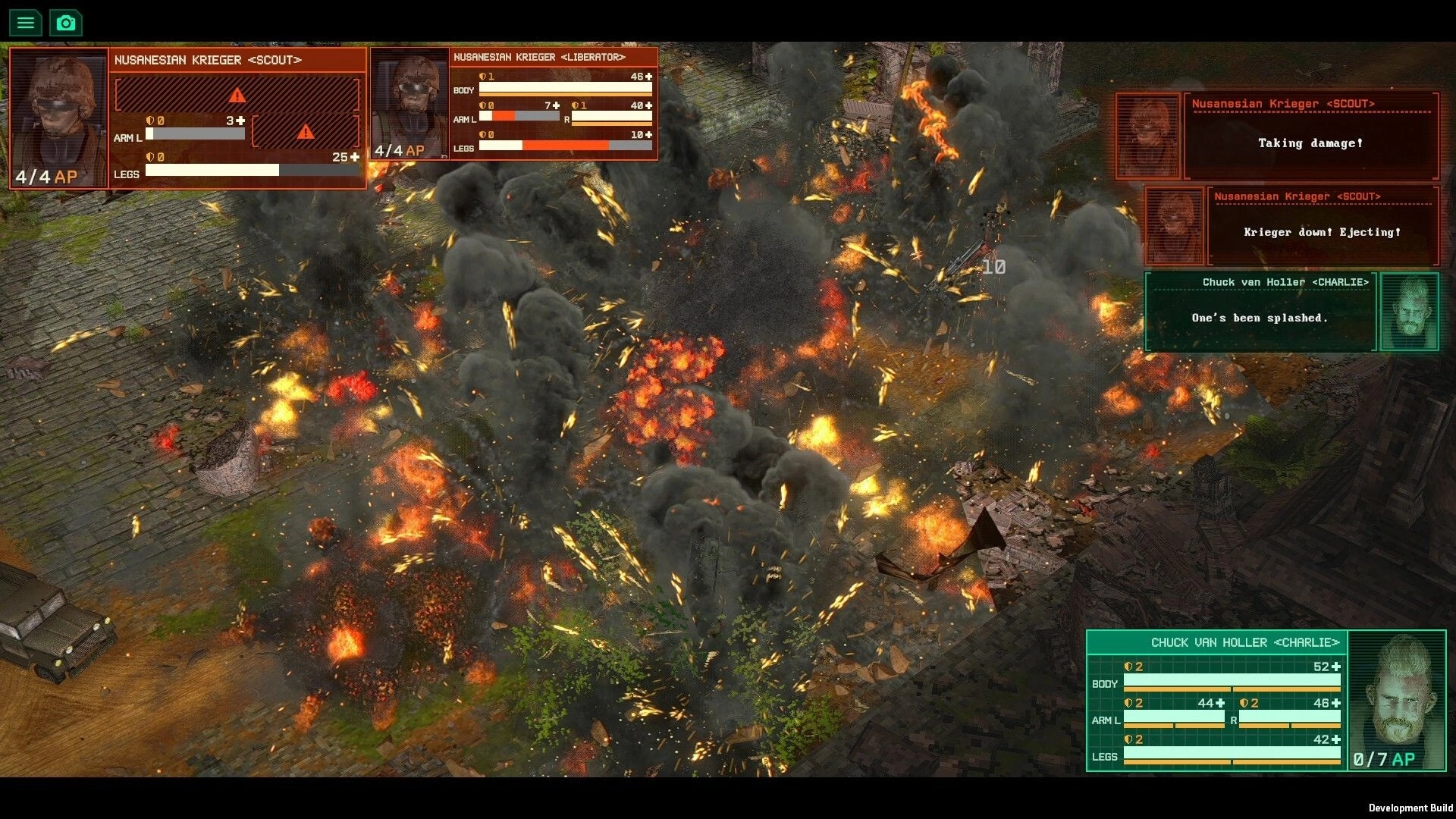 Kriegsfront Tactics: Explosive combat scene with damage indicators in jungle ruins environment