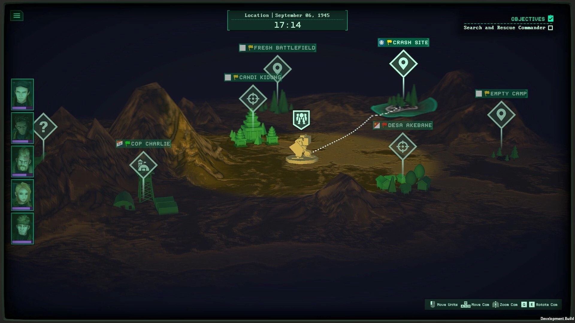 Kriegsfront Tactics: Tactical map with mission objectives and character portraits in mountainous terrain