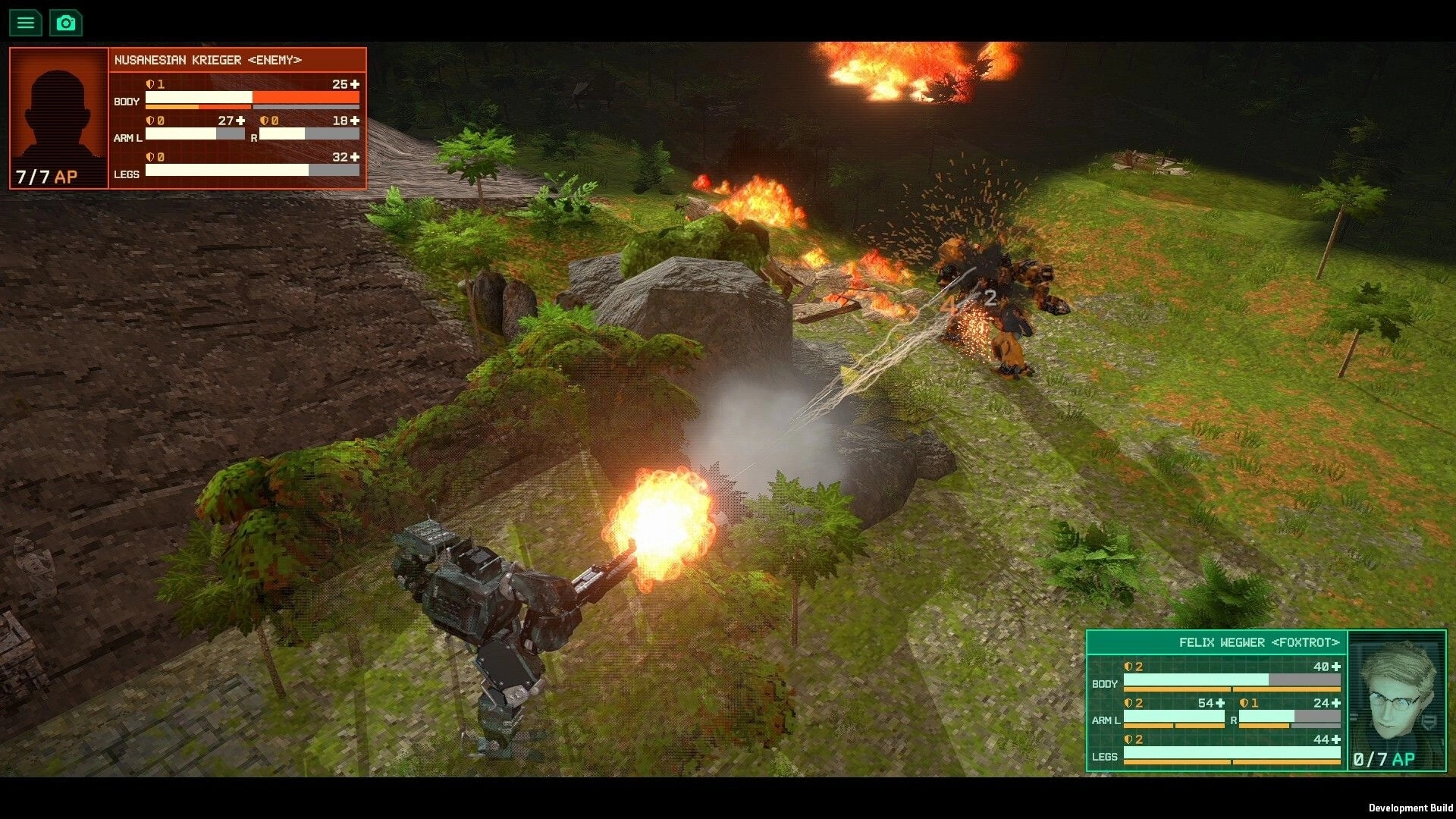 Kriegsfront Tactics: Mecha combat in jungle with explosions and health stats of Nusanesian Krieger.