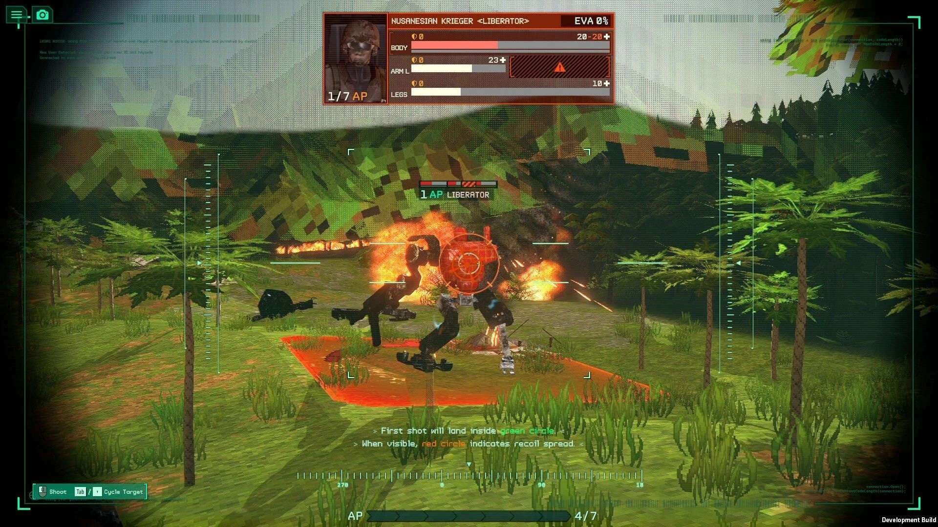 Kriegsfront Tactics: Mecha combat in forest with targeting system and character status interface visible