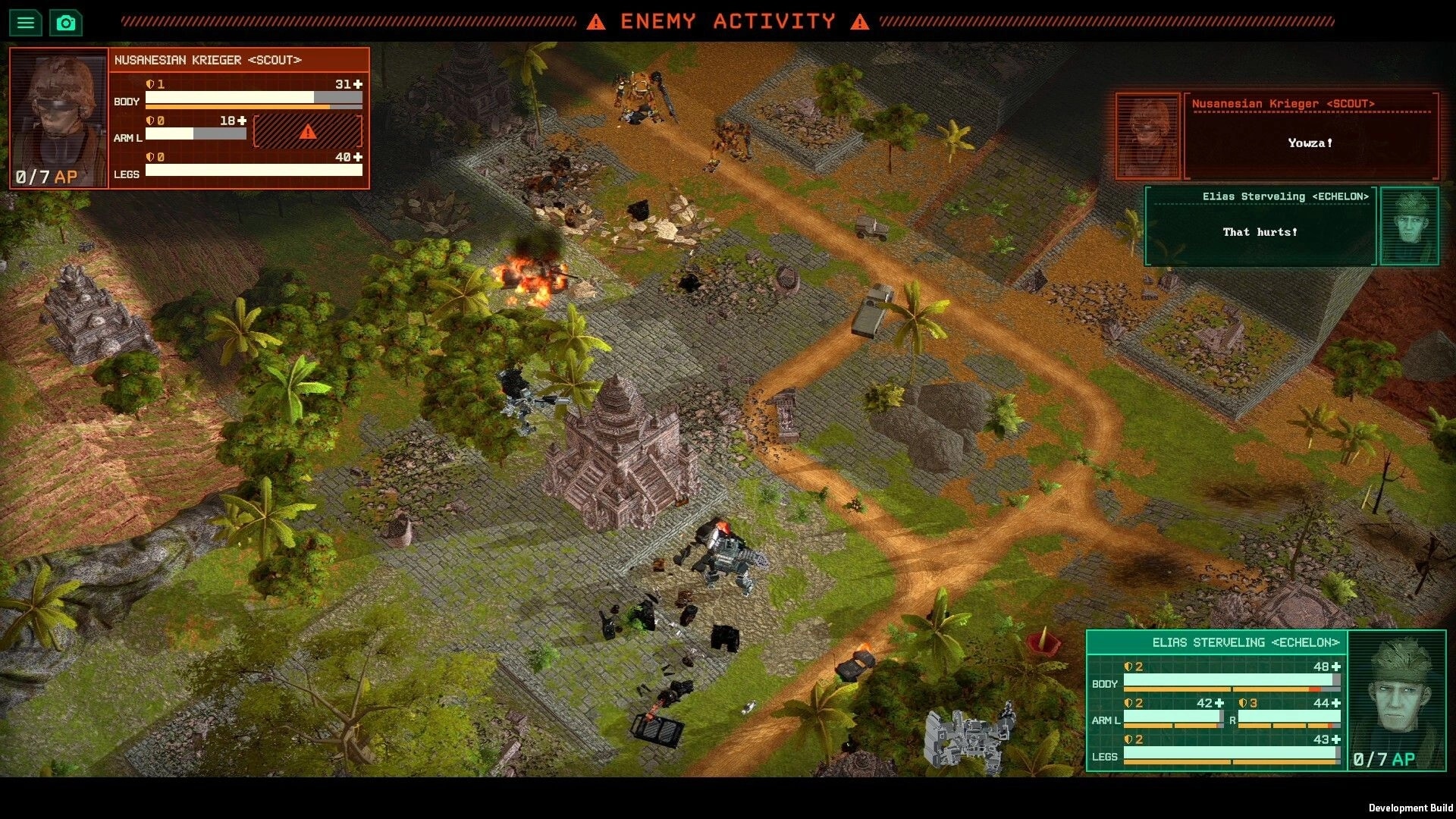 Kriegsfront Tactics: Overhead view of a mecha battle in a jungle temple setting with UI stats displayed.