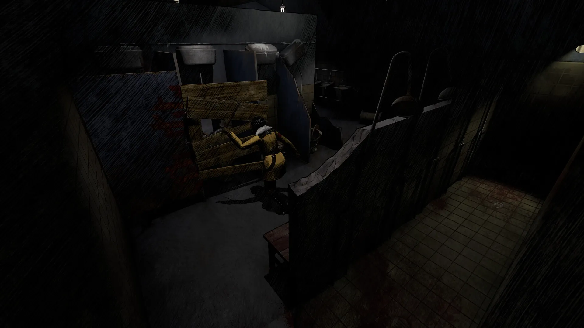 Kriophobia: Anna pries open a barricaded door inside a dimly lit, abandoned bathroom setting.