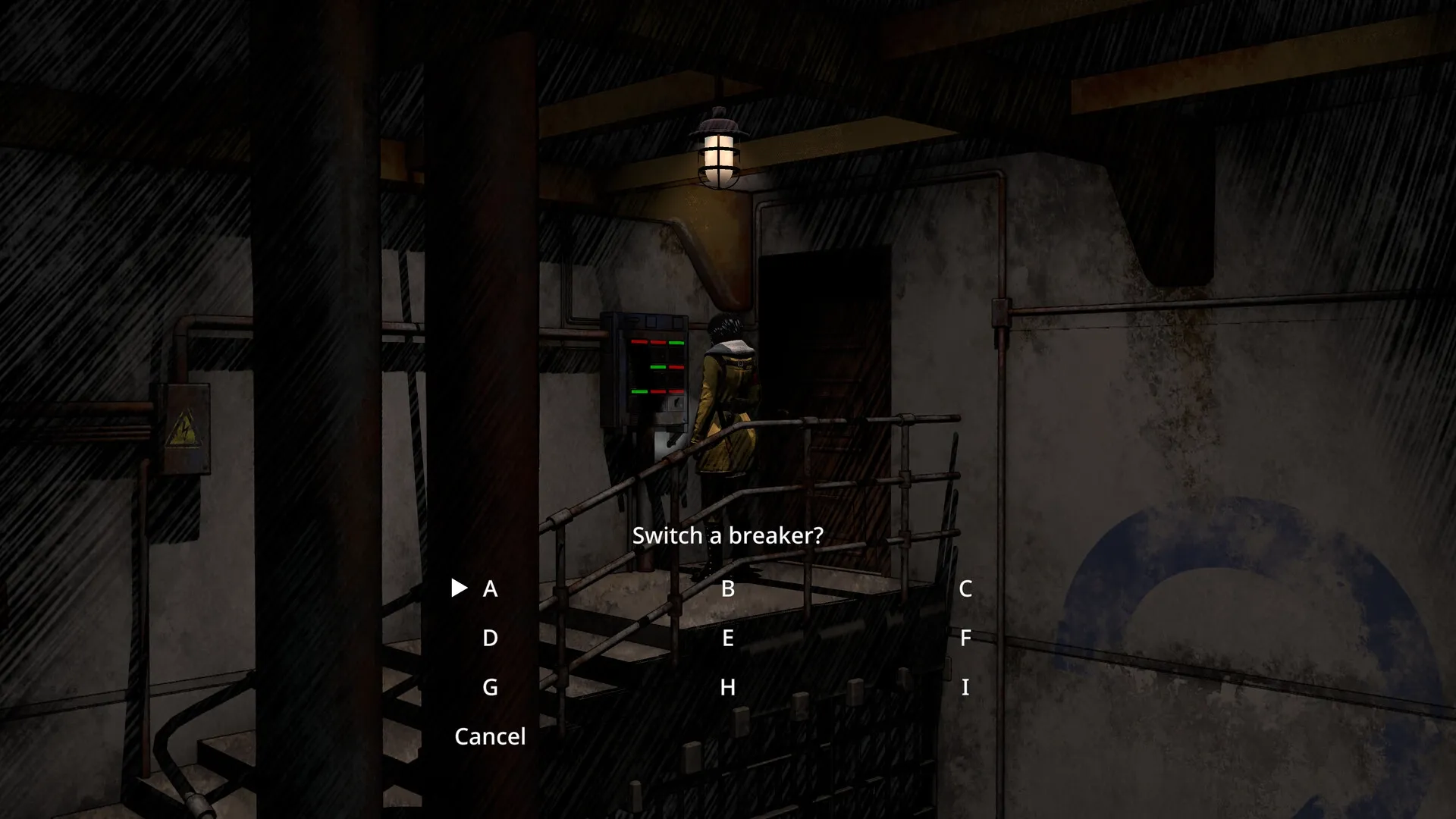 Kriophobia: Character in yellow coat interacts with electrical panel in dimly lit industrial corridor.