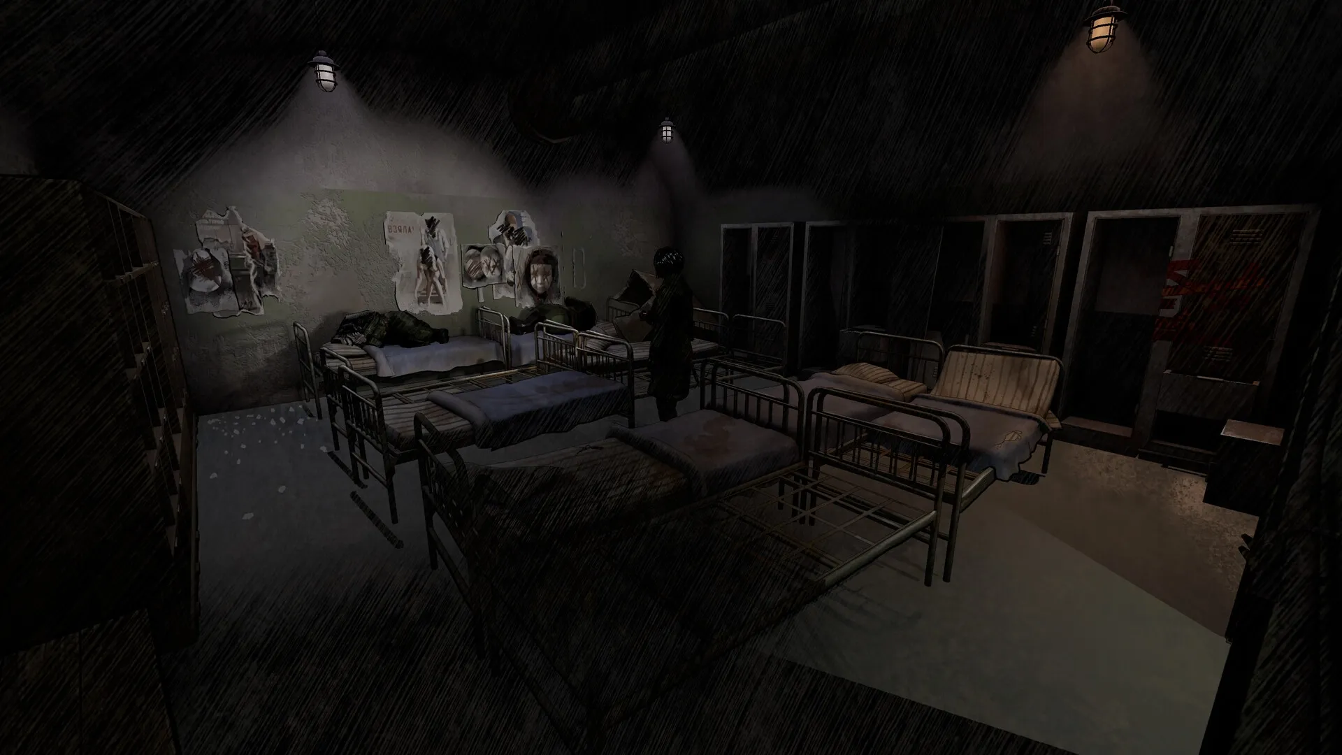 Kriophobia: Anna in dimly lit dormitory with metal beds and posters on walls in a military base.