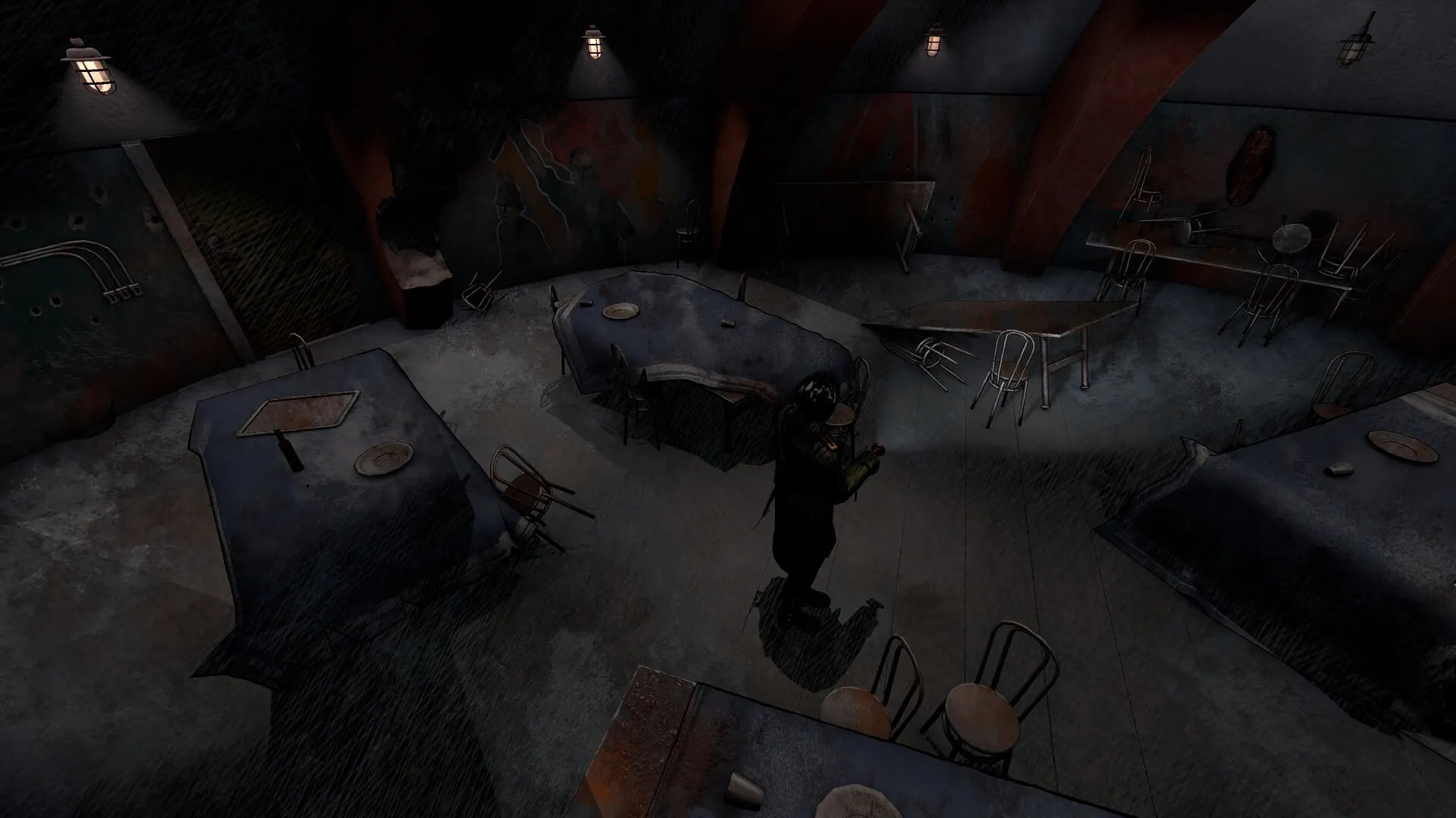 Kriophobia: Anna explores a dimly lit, abandoned dining hall with overturned tables and scattered chairs.