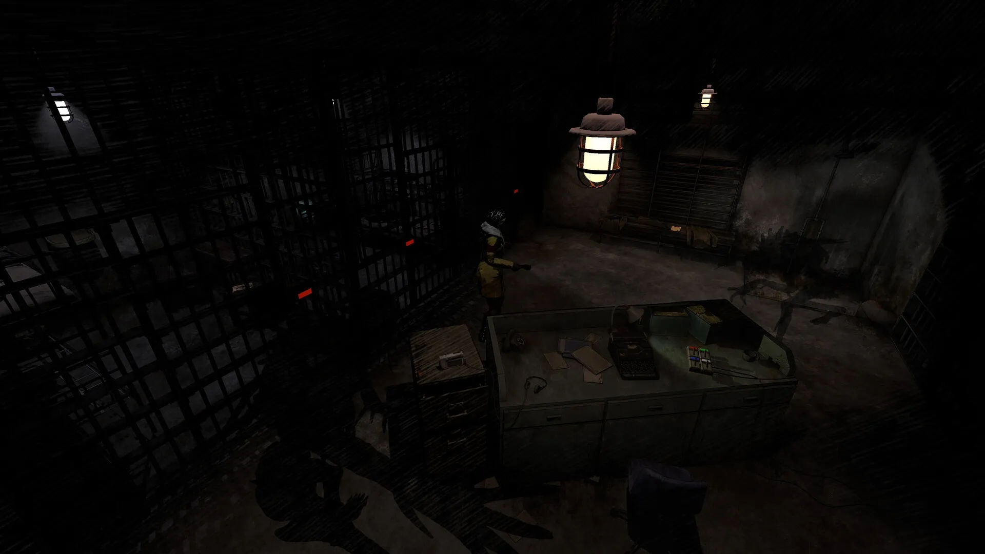 Kriophobia: Anna explores a dimly lit office with scattered papers and a mysterious shadowy figure.