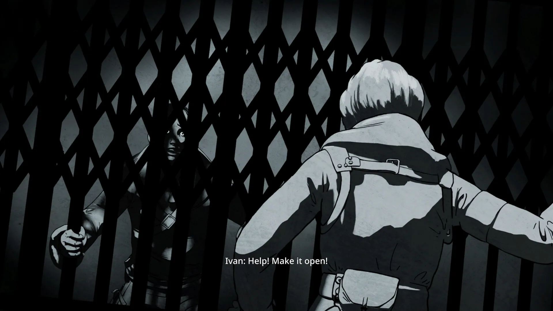 Kriophobia: Anna faces a man behind a barred gate, seeking help in a dimly lit, tense environment.