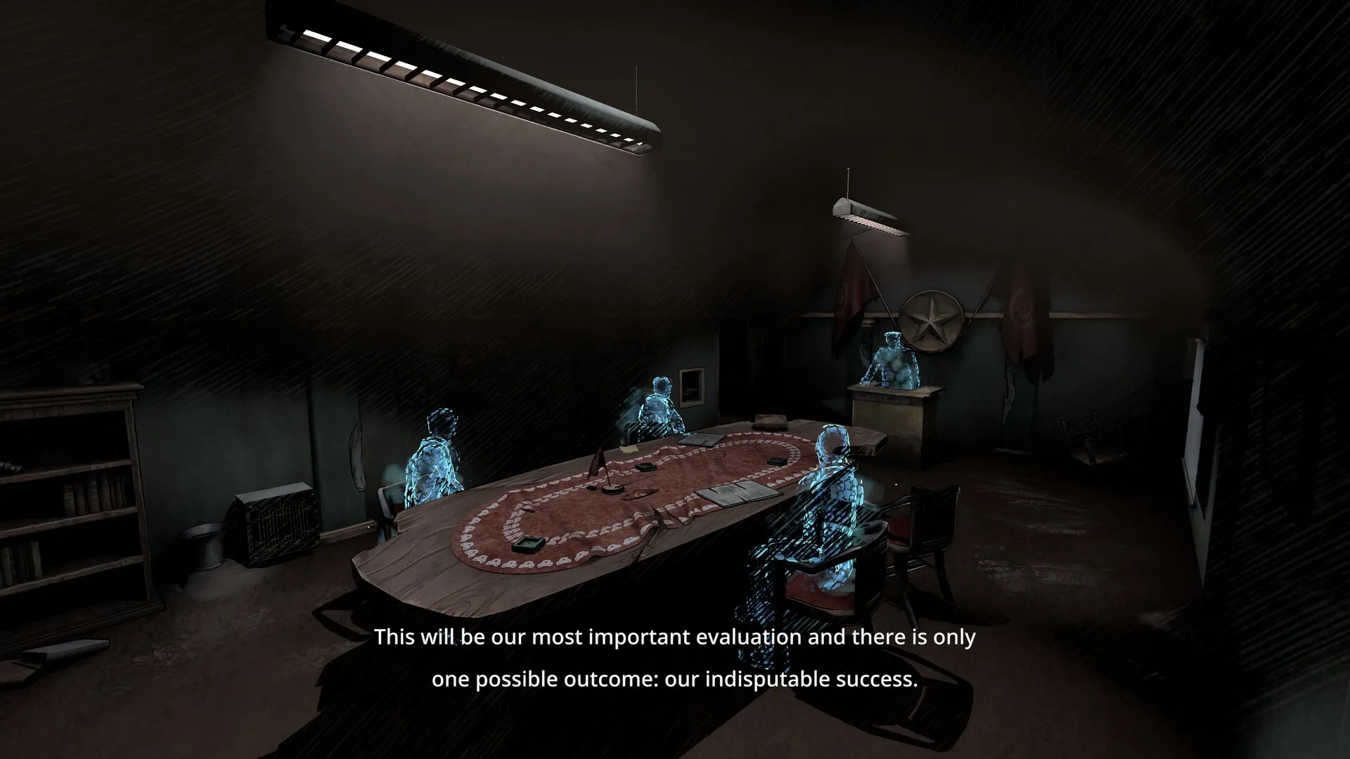Kriophobia: Holographic figures around a conference table in a dimly lit military base room