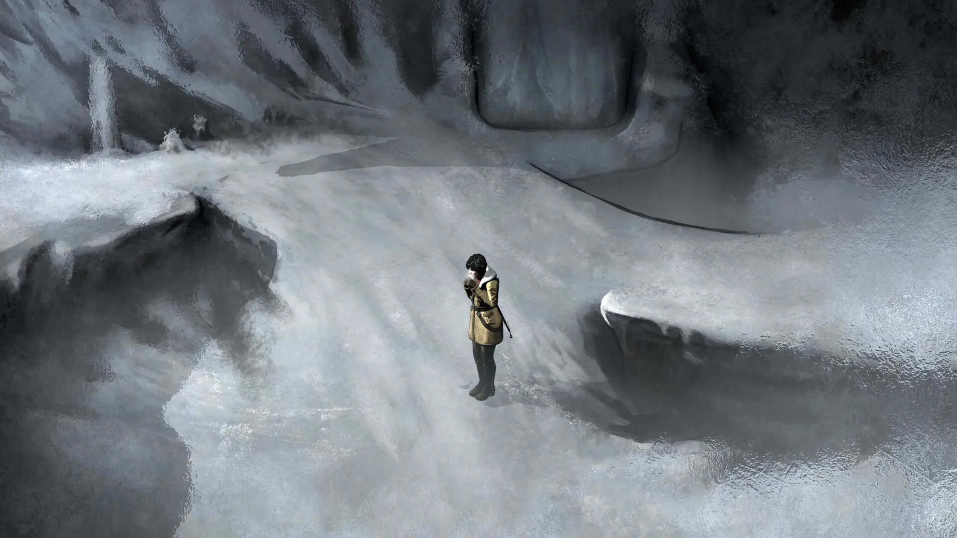 Kriophobia: Anna stands shivering in a snow-covered, desolate landscape on a mysterious island.