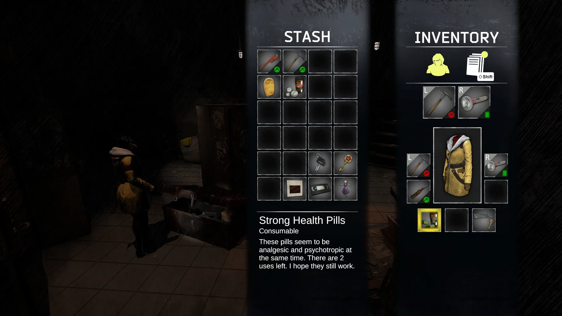 Kriophobia: Character examines open crate beside inventory and stash screens in dimly lit room