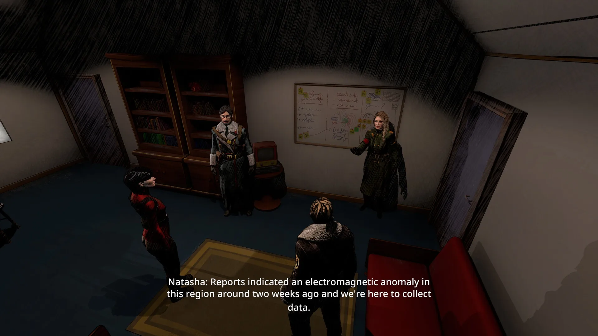 Kriophobia: Four characters discuss in a dimly lit room with a whiteboard and bookshelf in the military base.