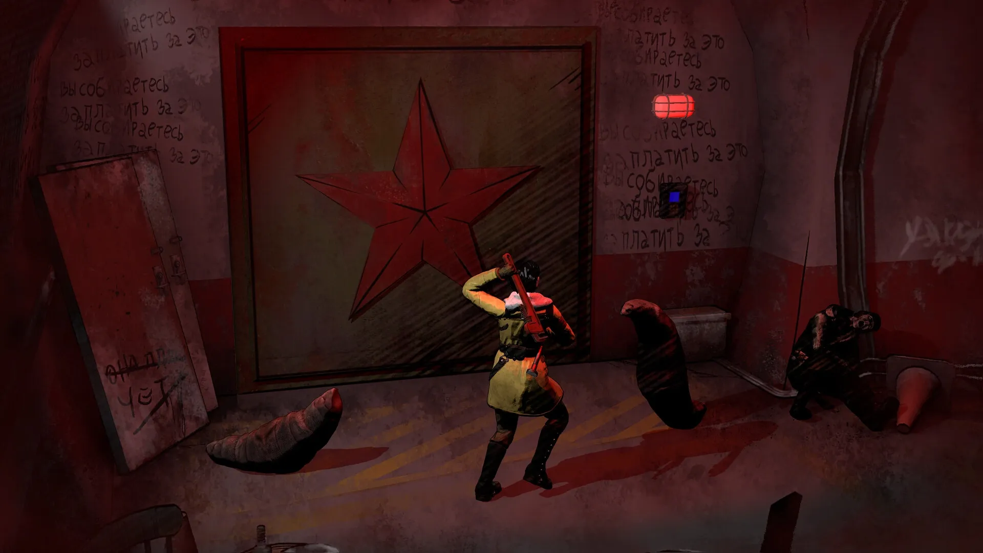 Kriophobia: Anna wielding an axe near a red star door in a dimly lit underground military base hallway