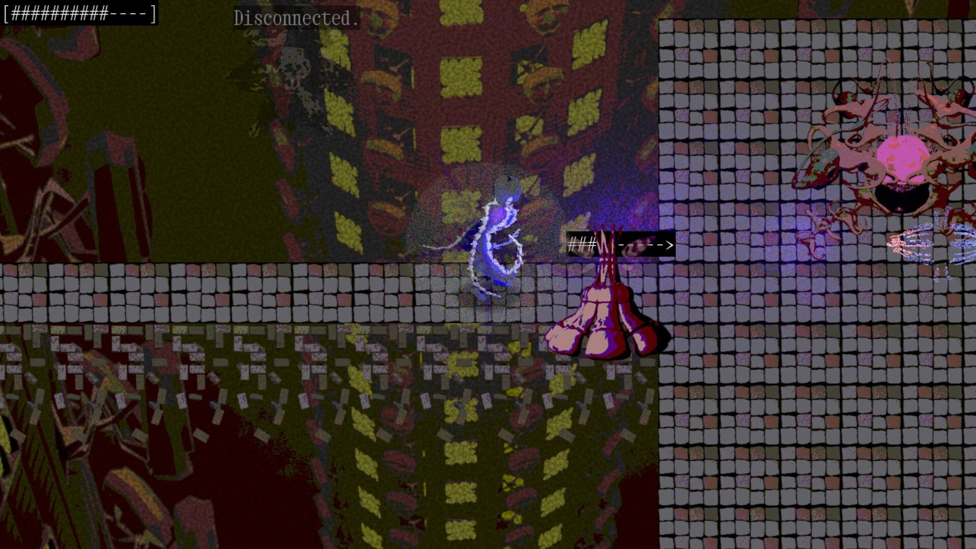 Kuentame: Ghostly character navigating a tiled path with "Disconnected" status in a surreal, abstract world