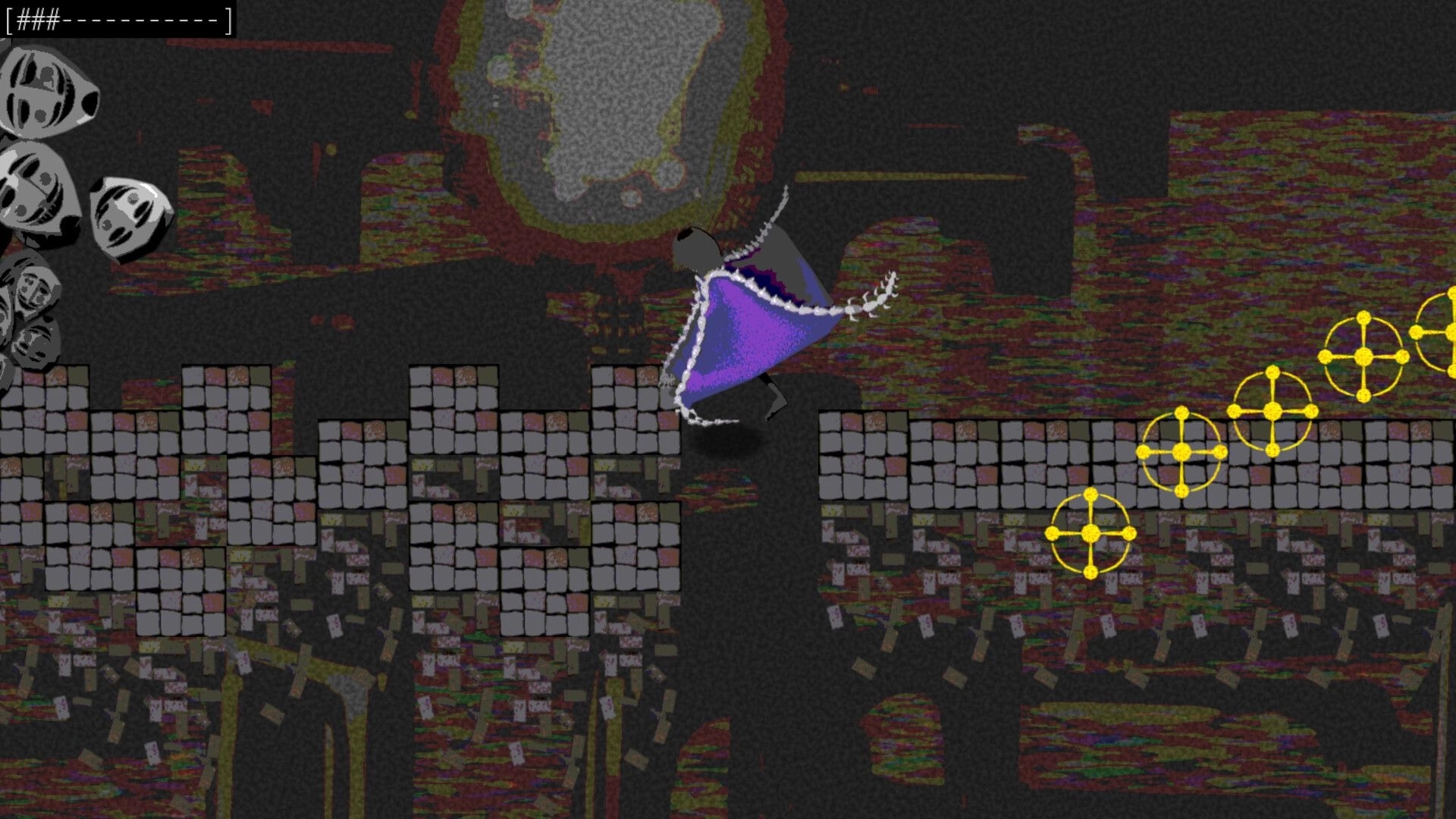 Kuentame: Character in purple cape dodges projectiles, navigating a dark platform with face icons.