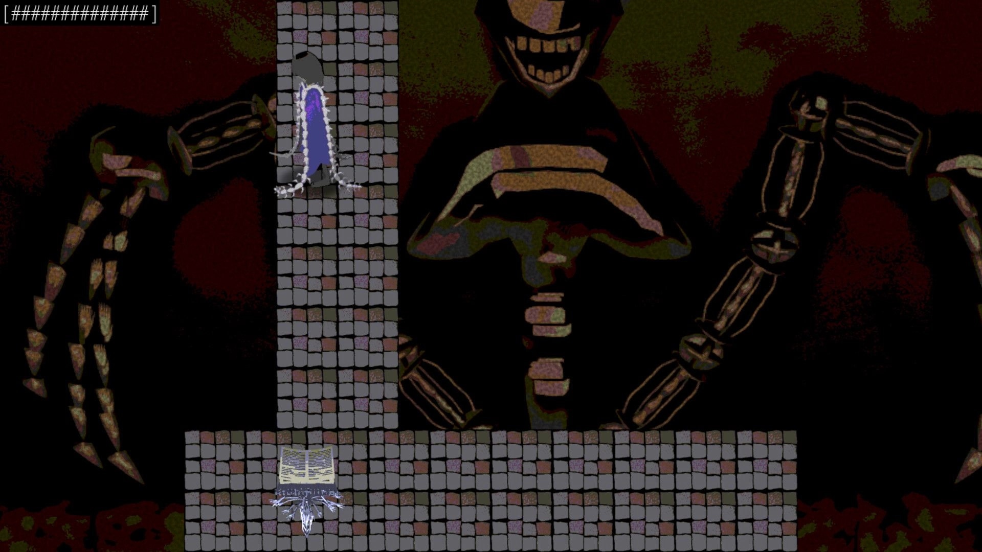 Kuentame: Player navigates a cobblestone path with a giant skeletal figure looming in the background.