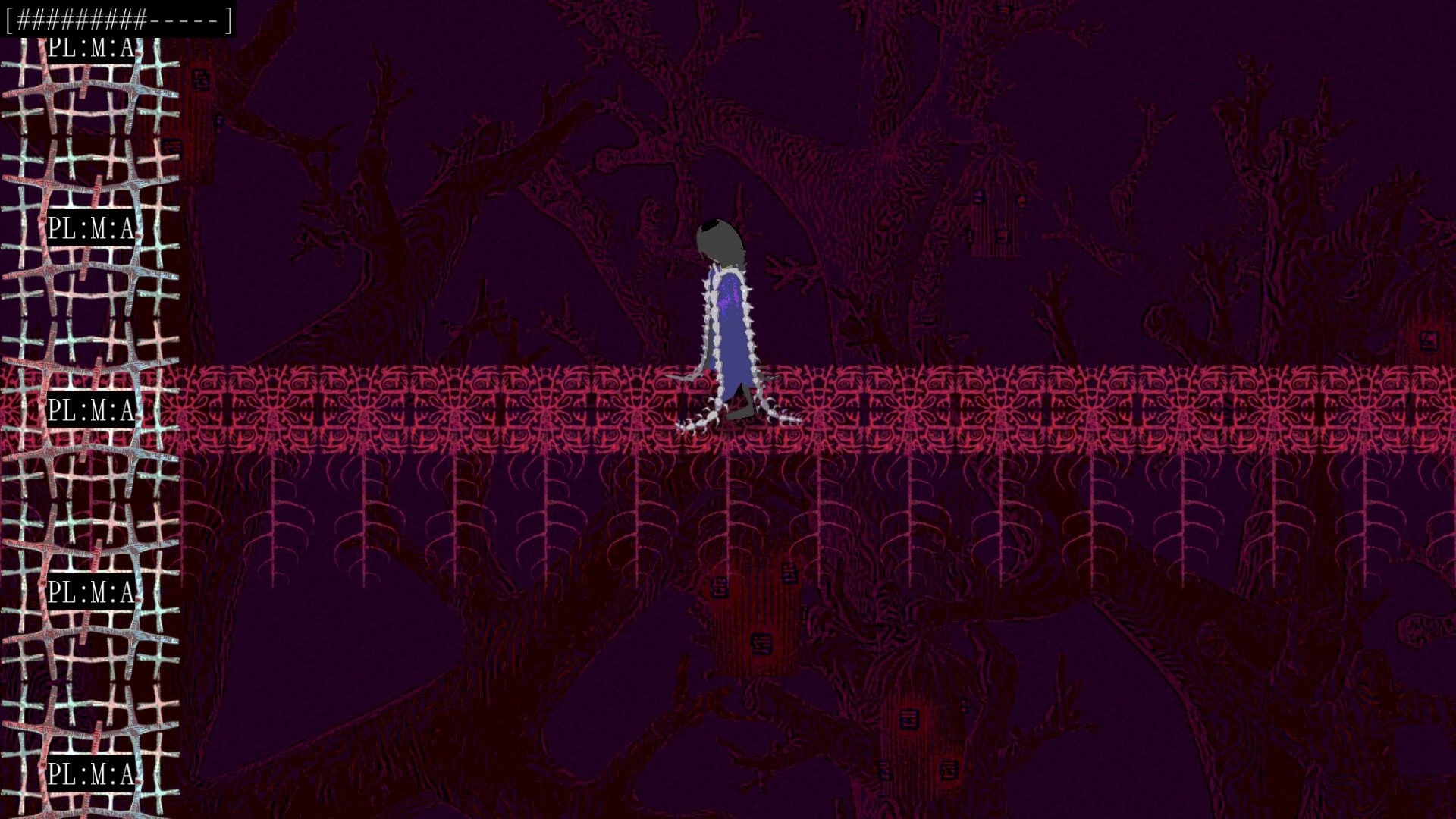 Kuentame: Character walks on red patterned bridge with dark forest background and UI elements on left.