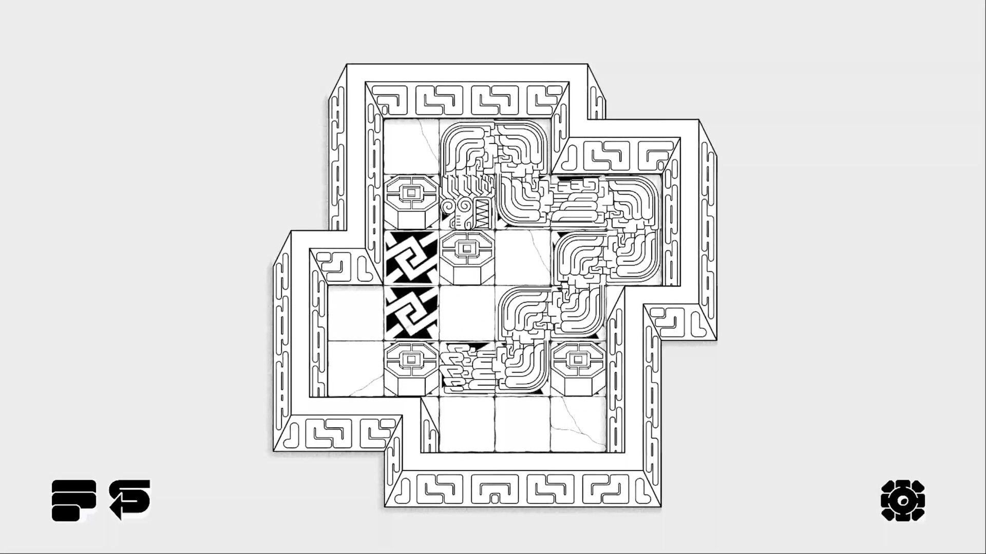 KUKULBAN: Top-down puzzle grid with carved stone blocks and serpent tiles inside a temple maze.