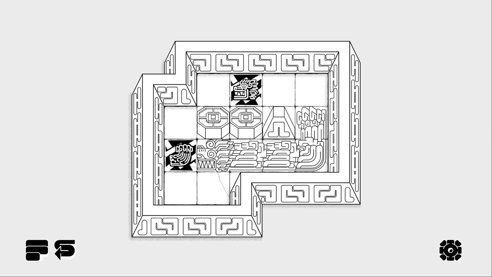 KUKULBAN: Serpent body blocks slide in a maze, with two black goal tiles and undo icons below.