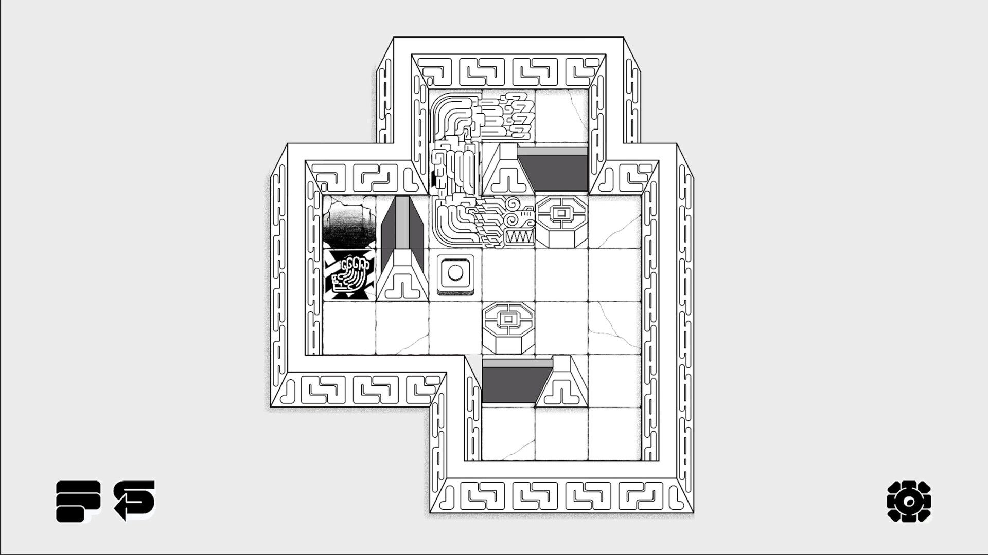 KUKULBAN: Serpent head block puzzle with pushable stones and pits in a tiled temple grid room.