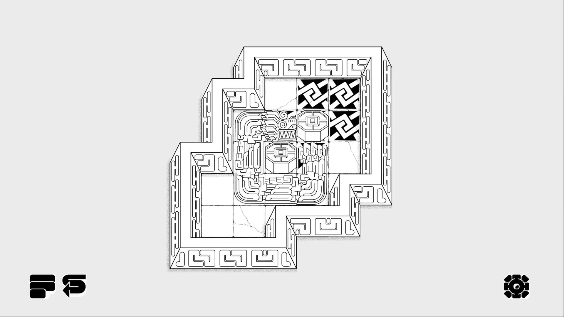 KUKULBAN: Top-down block puzzle with serpent-carved tiles and two patterned blocks in a stone maze.
