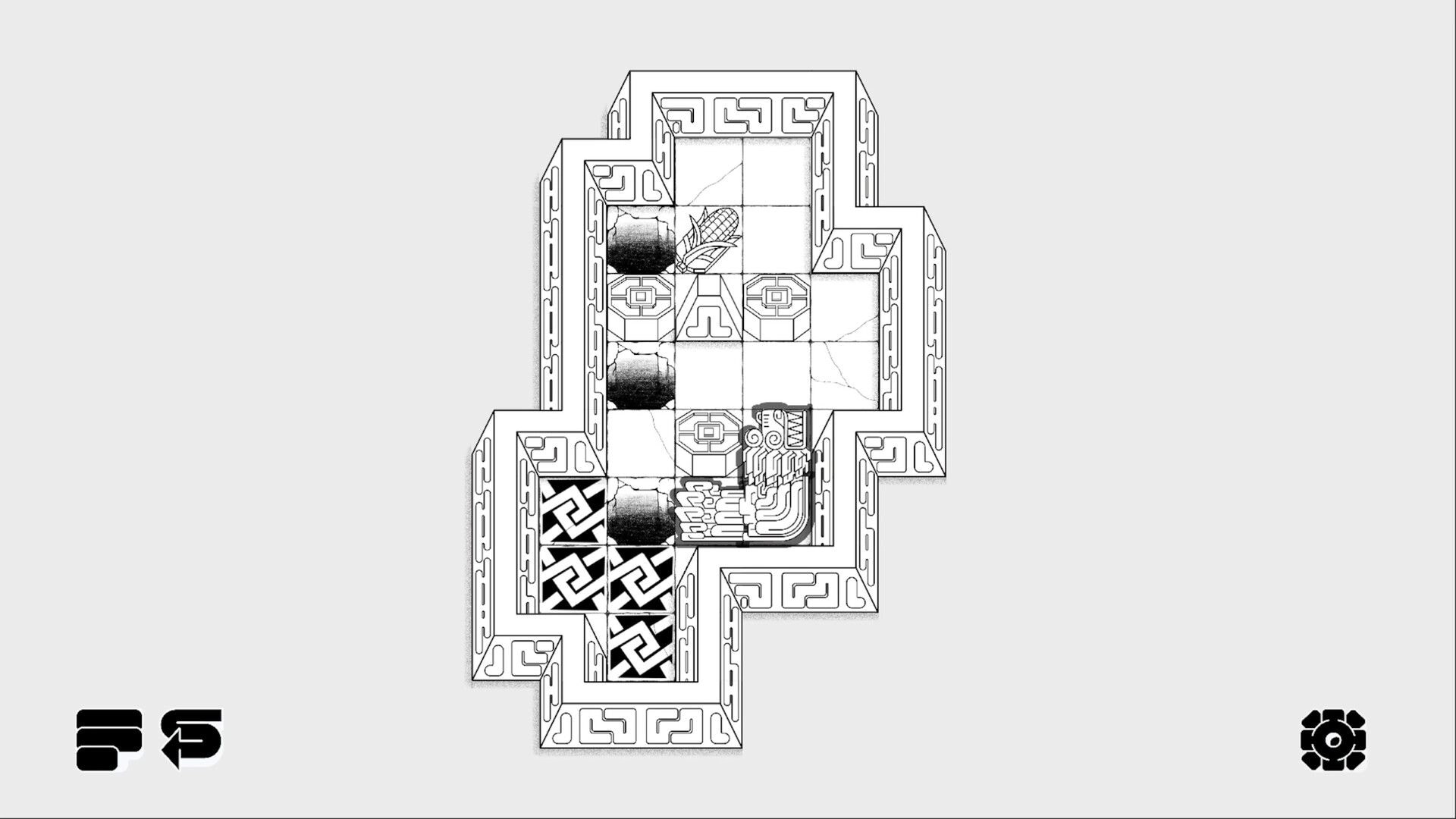 KUKULBAN: Top-down block puzzle with feathered serpent and stone blocks in a carved maze, undo icons.