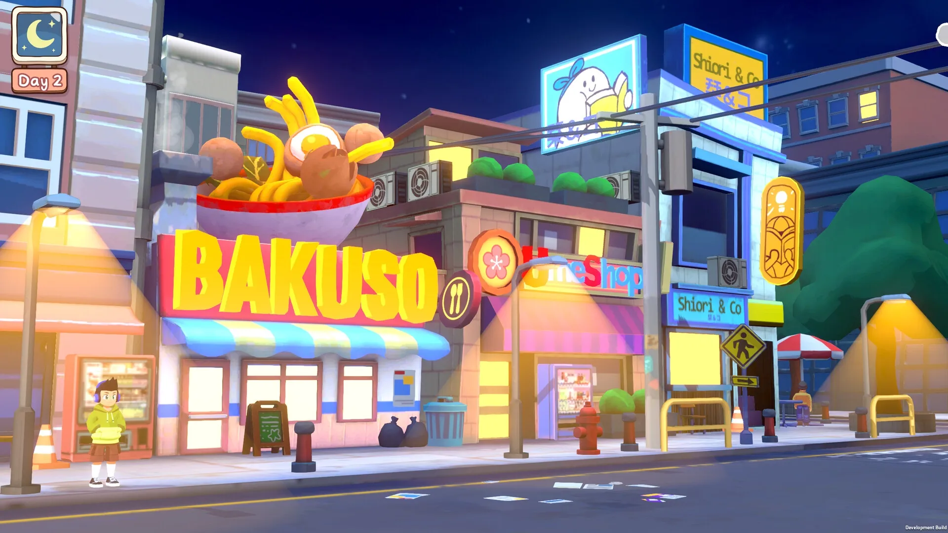 KuloNiku: Street view with BAKUSO restaurant, illuminated signs, and a character in a hoodie at night.