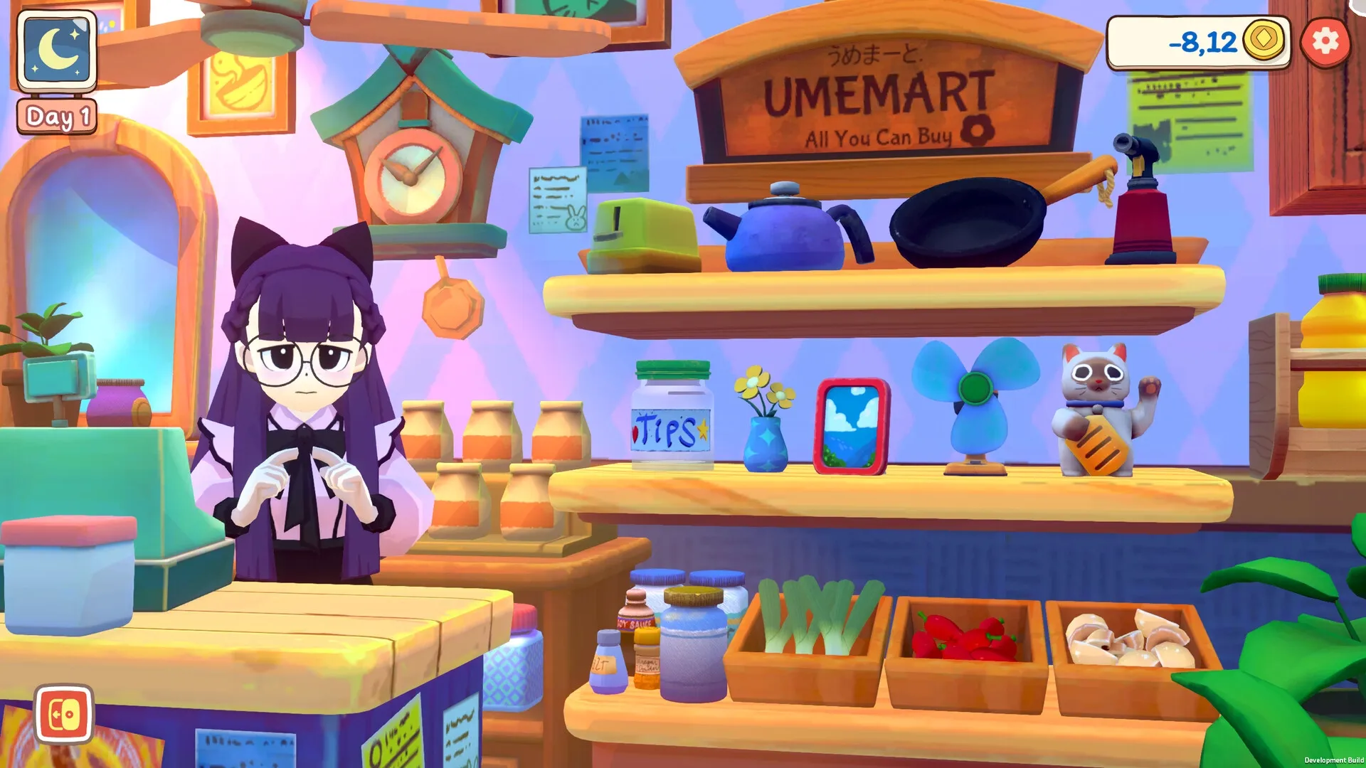 KuloNiku: Character at register in colorful shop with shelves of cooking tools and ingredients