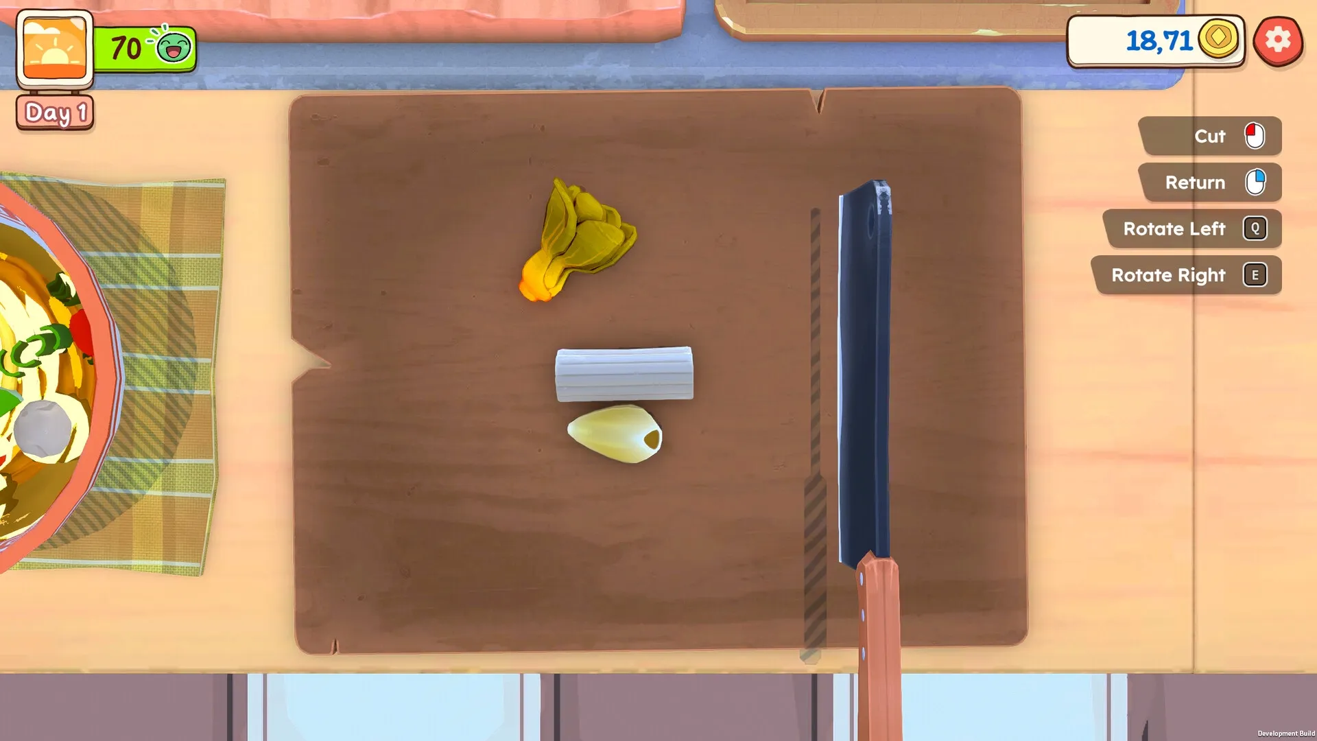 KuloNiku: Chopping board with ingredients and knife, UI shows actions and current currency in kitchen.