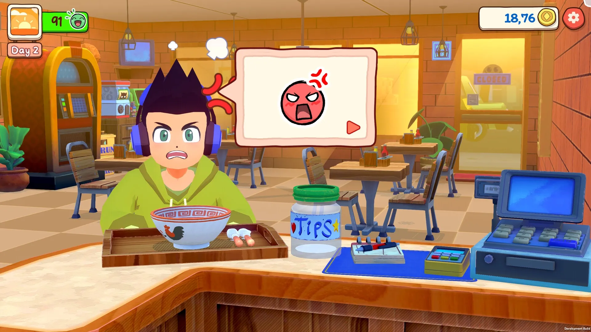 KuloNiku: Chef in a green hoodie reacts to a customer complaint in a bustling restaurant interior.