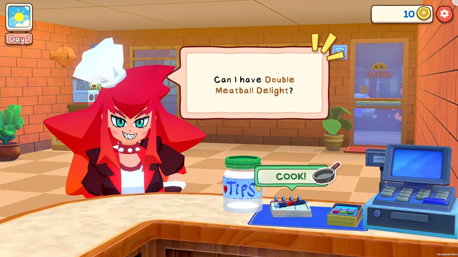 KuloNiku: Customer with red hair orders Double Meatball Delight at counter with tip jar and cash register.