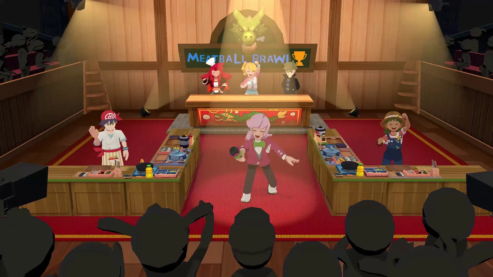 KuloNiku: Cooking contest stage with two chefs competing and a lively audience cheering them on
