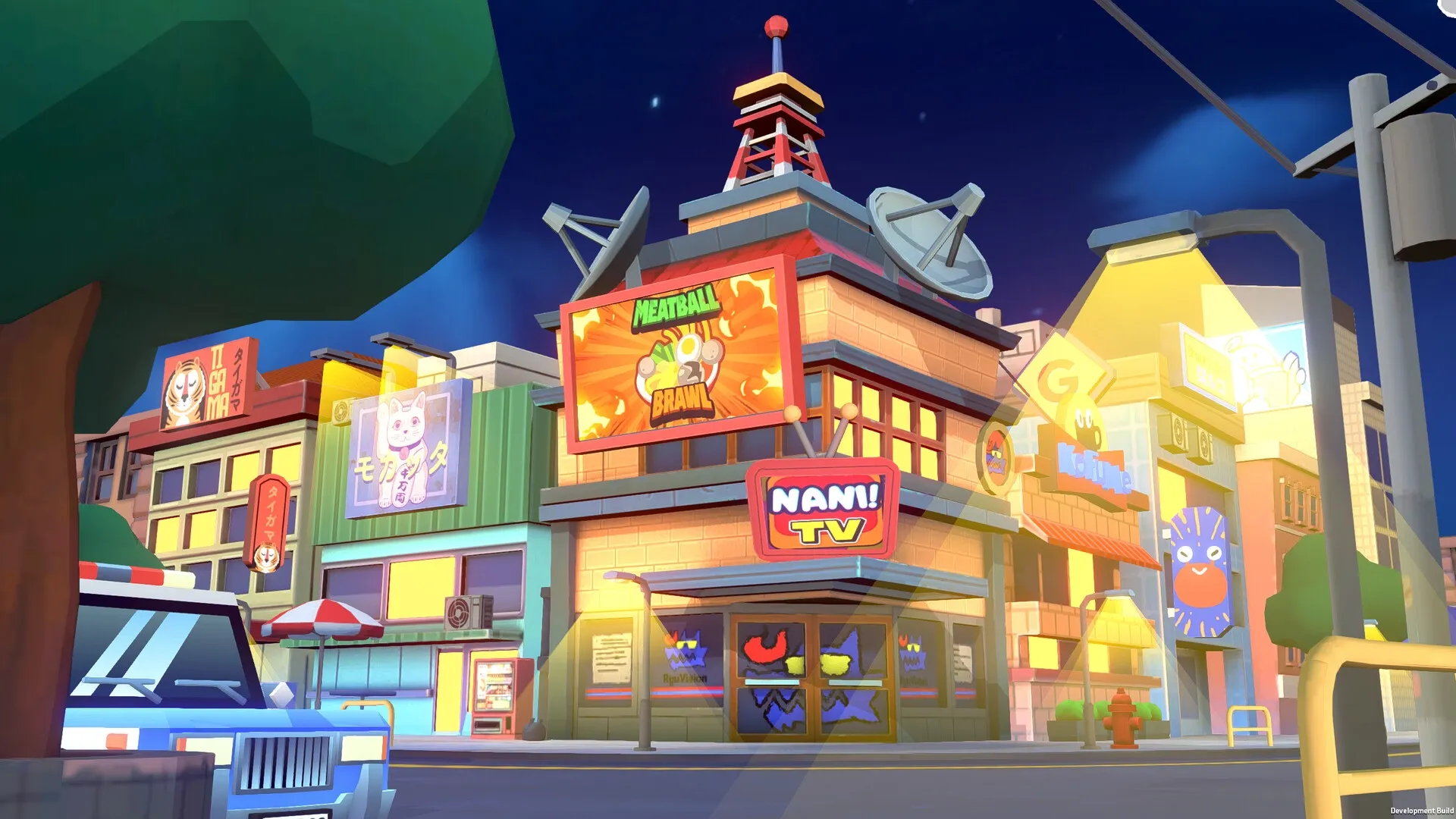 KuloNiku: Nighttime cityscape with neon signs, including "Meatball Brawl" and "Nani! TV" billboards.