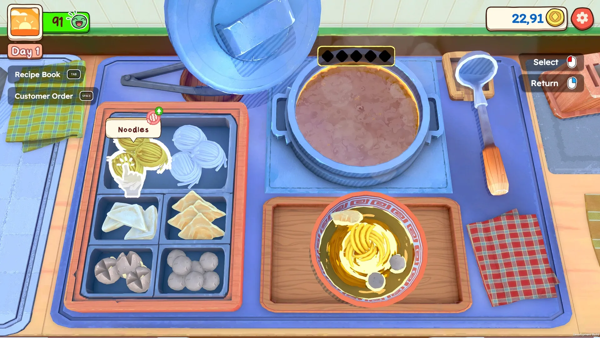 KuloNiku: Noodle selection and cooking interface in vibrant kitchen with recipe book and order options