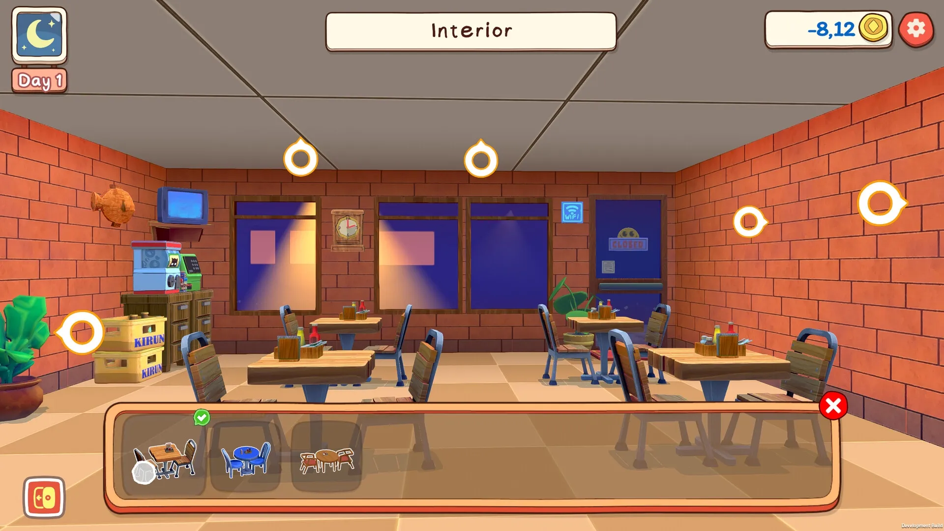 KuloNiku: Restaurant interior at night with tables, chairs, and selection menu for furniture upgrades.