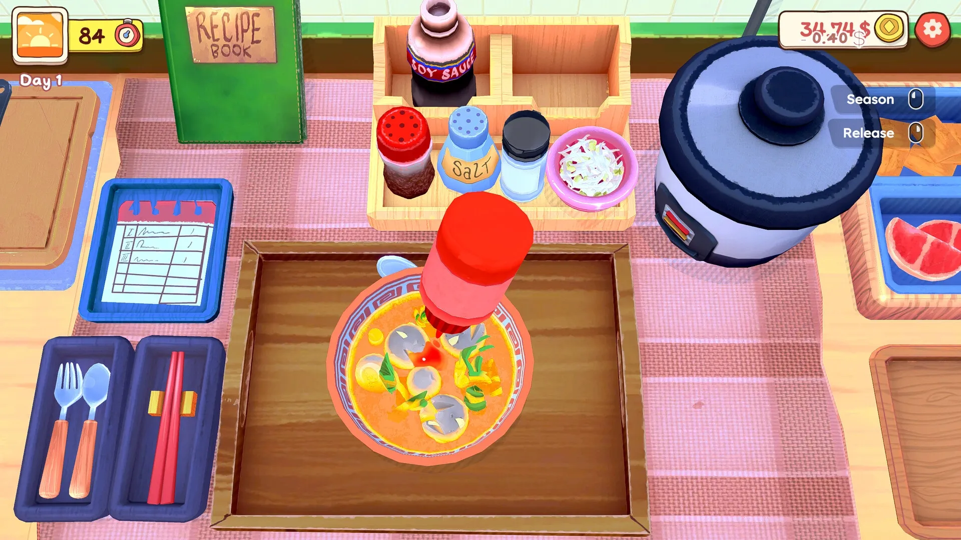 KuloNiku: Topping a noodle bowl with sauces in a vibrant kitchen, utensils and ingredients around.
