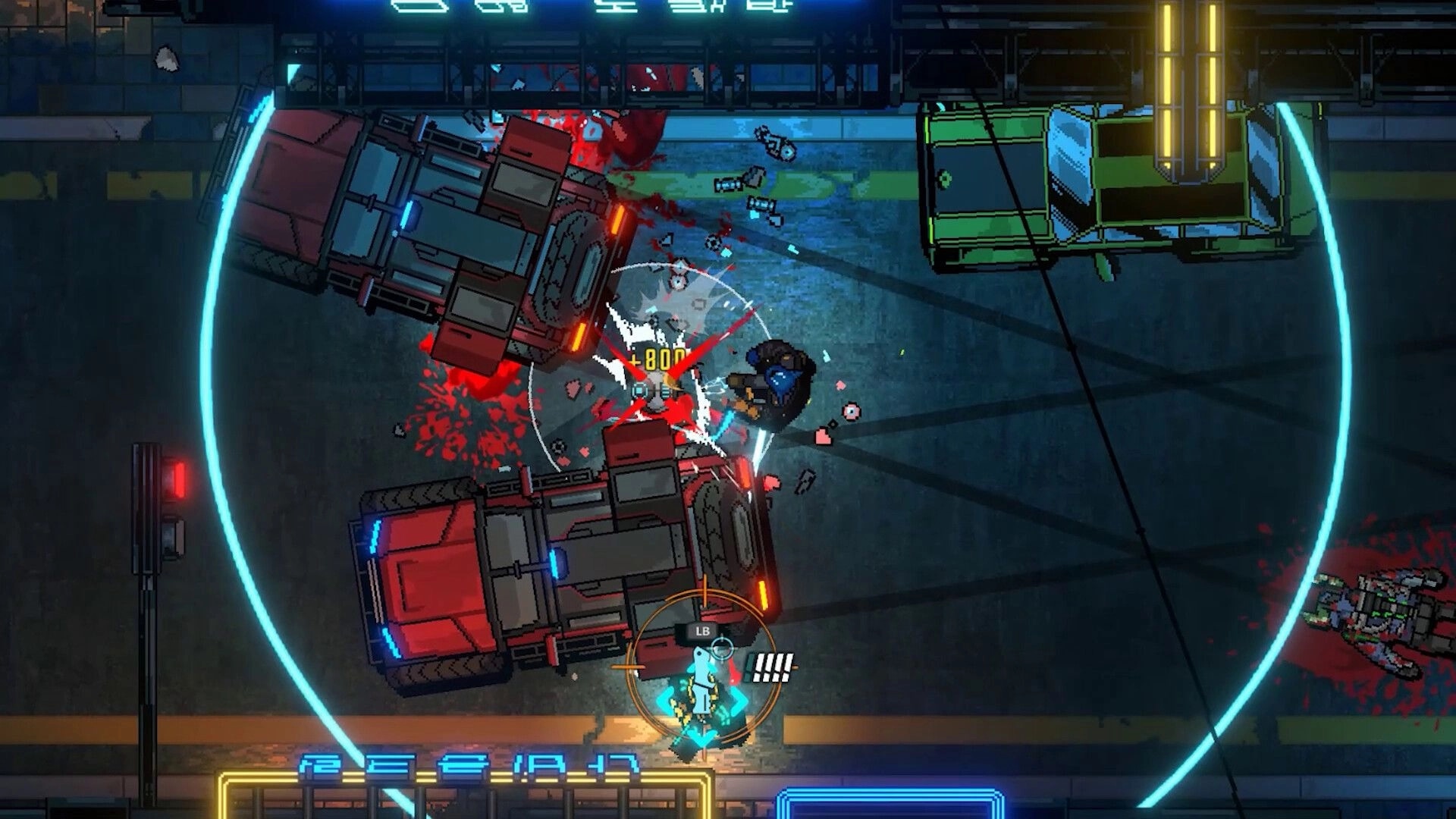 Kusan: Player fires at enemy amid wrecked trucks and bloodstains on a neon-lit street, HUD visible.
