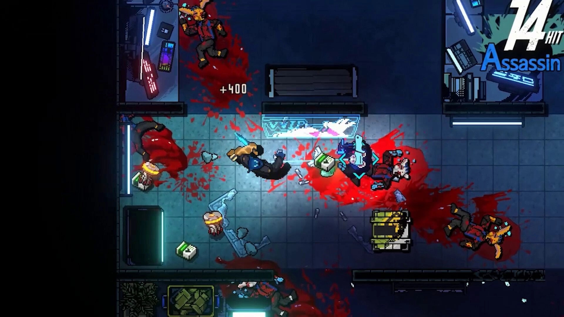 Kusan: Player assassin slashes foes, blood-soaked neon corridor with 14-hit combo and score popups.