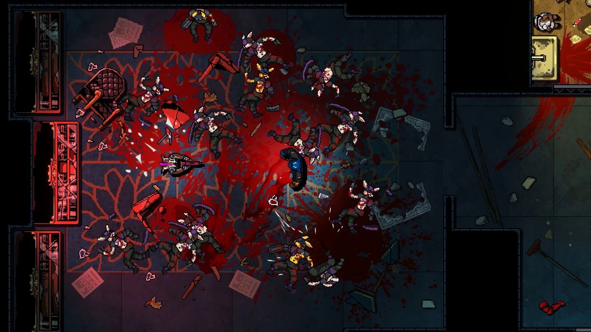 Kusan: Player fires rifle amid piles of bodies and blood in a dim hallway with debris and doors.
