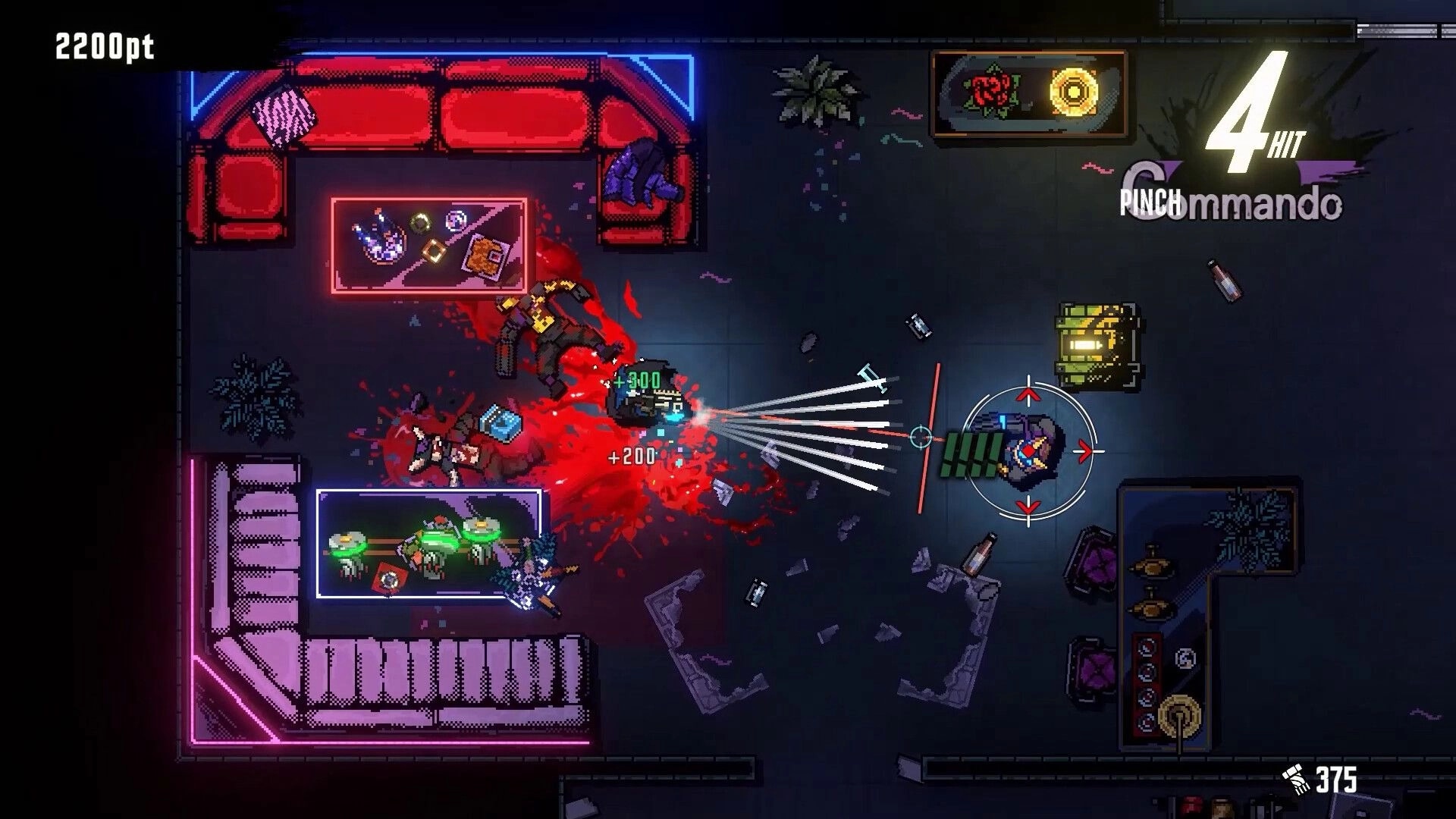 Kusan: Player sprays bullets in neon lounge, scoring 4-hit combo with points and ammo UI visible.