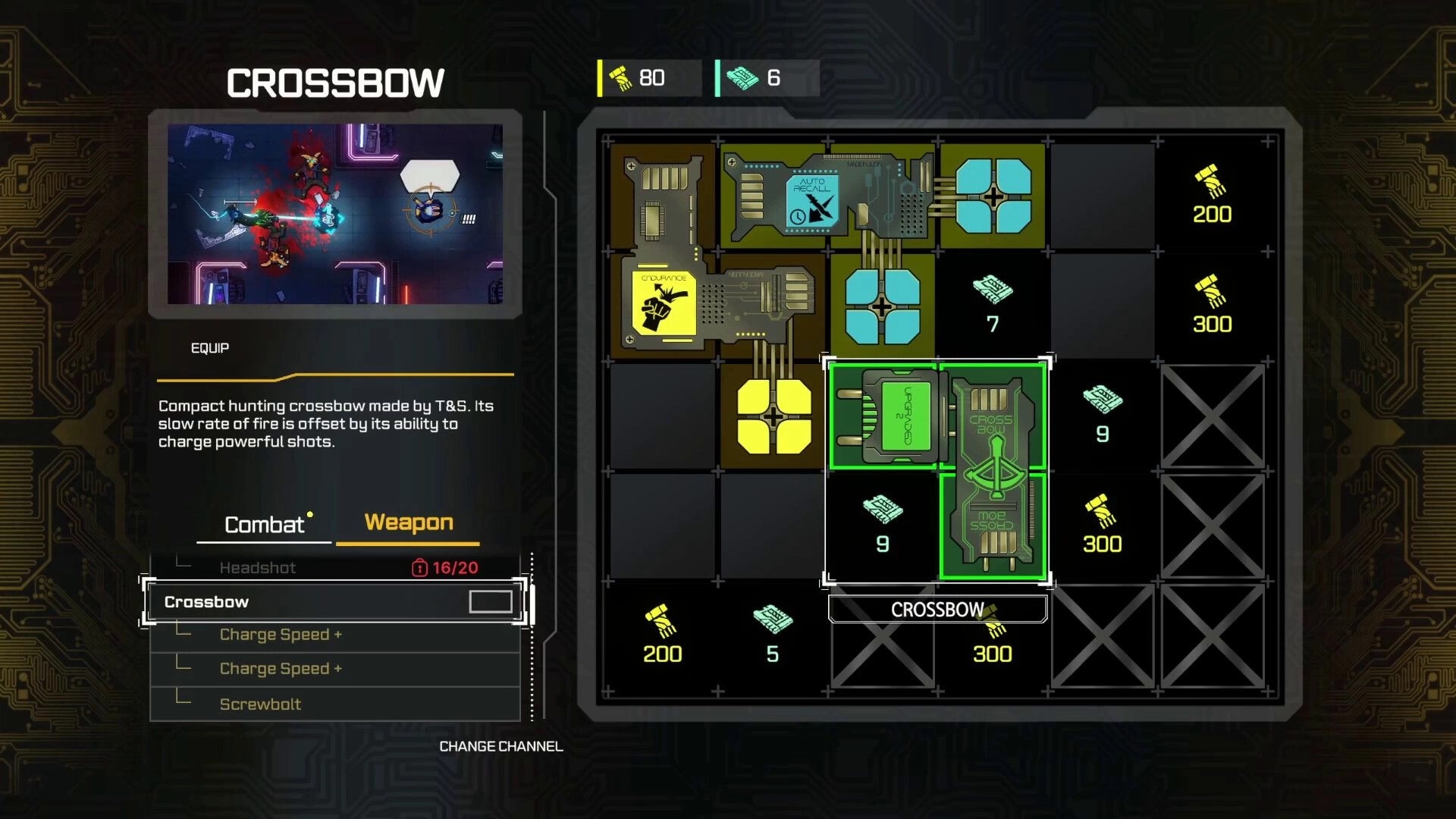 Kusan: Crossbow upgrade and equip menu with stats panel and circuit-grid inventory board UI.