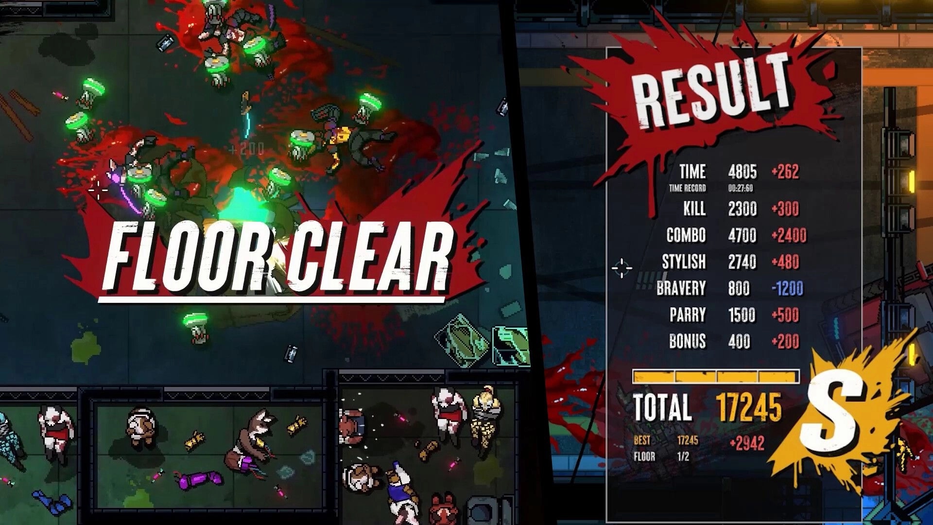 Kusan: Floor clear result screen over bloodied room with bodies, loot drops, score totals, S rank.