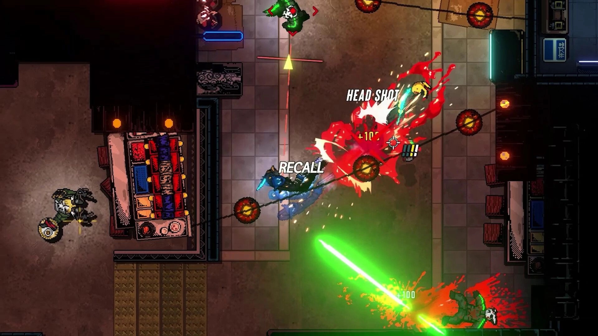 Kusan: Top-down firefight with HEAD SHOT and RECALL popups in neon-lit city street battle.