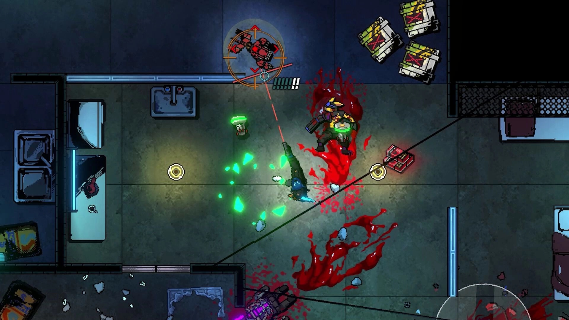 Kusan: Top-down firefight with laser-sighted rifle, blood splatters and loot in apartment hallways.