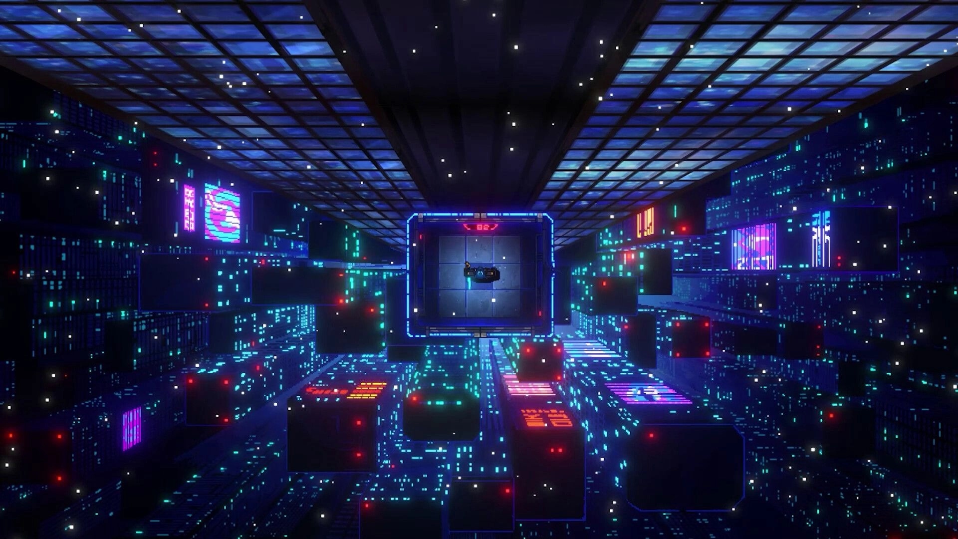 Kusan: Player stands on a lit platform in neon cyber cityscape with floating blocks and signs.