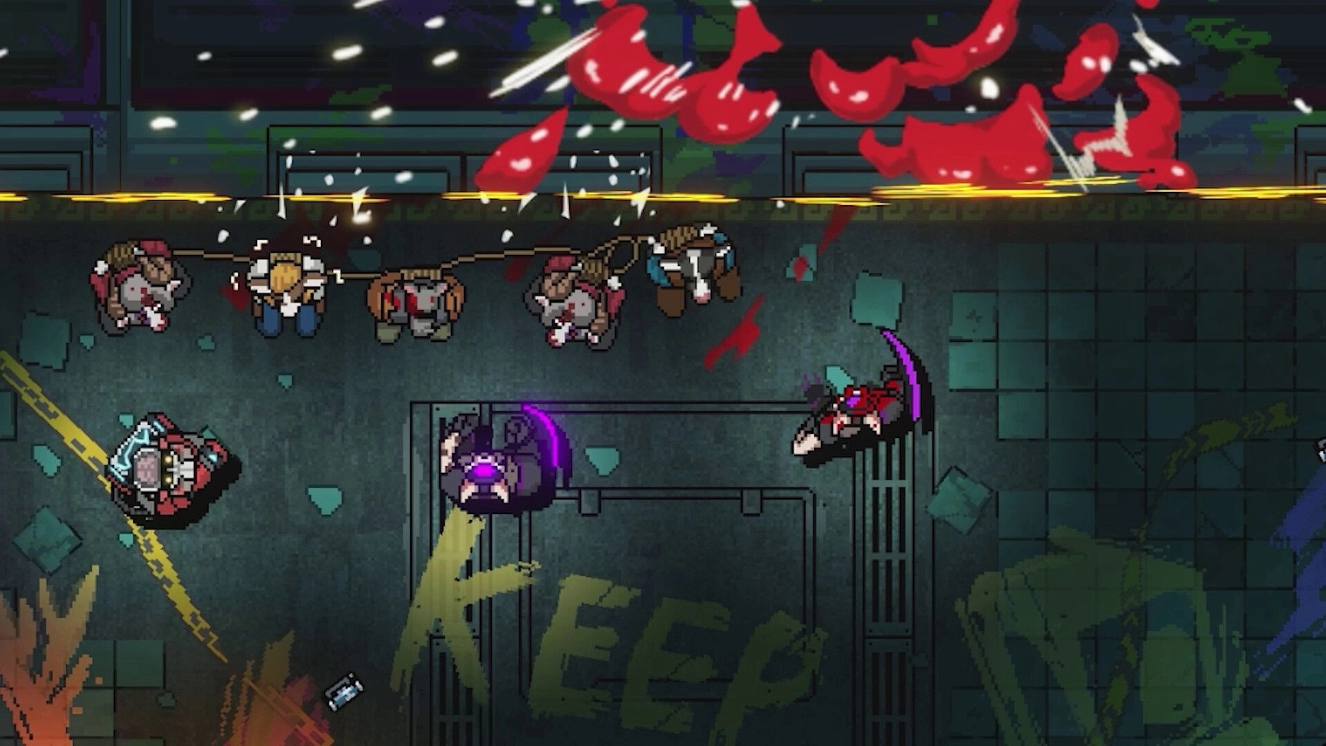 Kusan: Top-down shootout with blood splatter and bodies on a gritty alley street by graffiti wall.